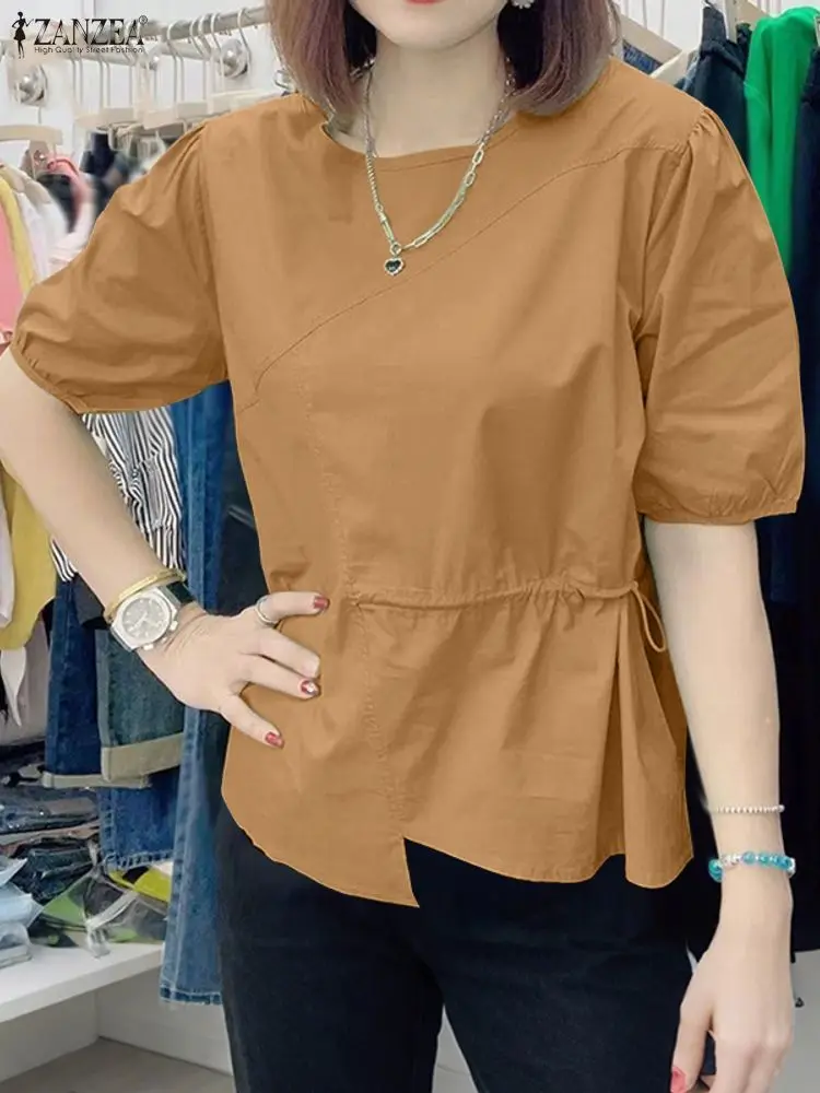 ZANZEA Camicetta moda donna Raccogli la vita Tunica Top 2025 Estate Manica corta Camicie solide Coreano Casual Allentato Blusas Abbigliamento