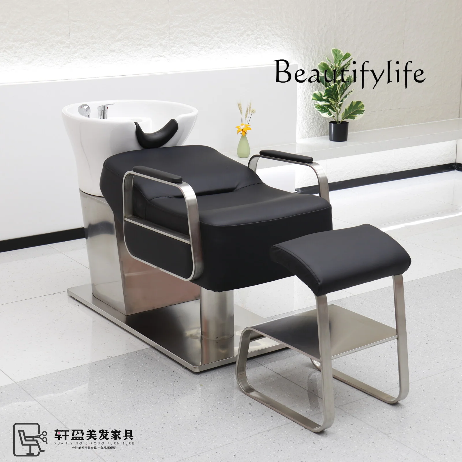 

New stainless steel shampoo bed hair salon special hair salon semi-reclining high-grade flushing bed ceramic basin