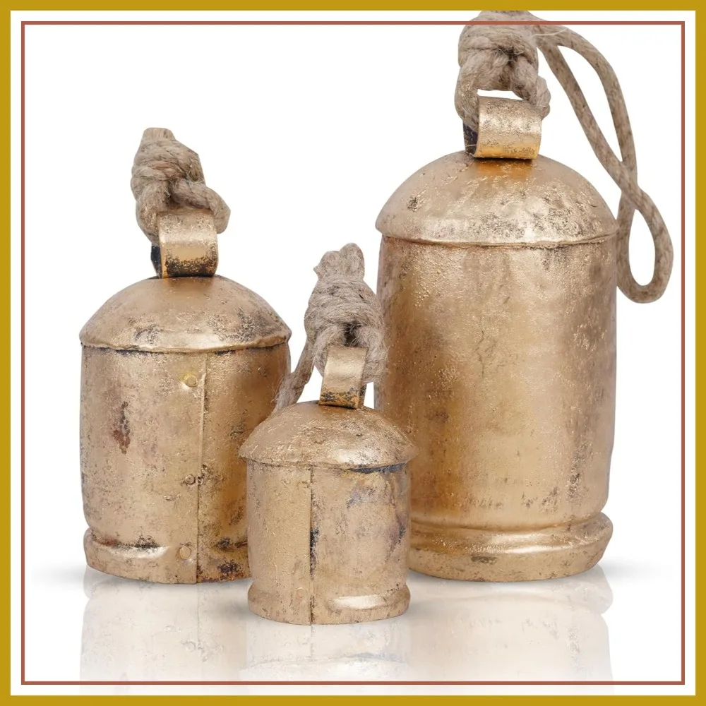 

3 Pc Giant Harmony Cow Bells, Rustic Handmade Vintage Hanging Bells with Jute Rope (Gold Rustic, Large)
