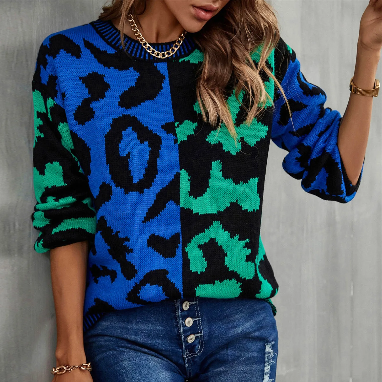 Autumn Winter Warm Sweater Women Leopard Print Stitching Knitted Sweater Fashion Streetwear Round Neck Long Sleeved Pullover