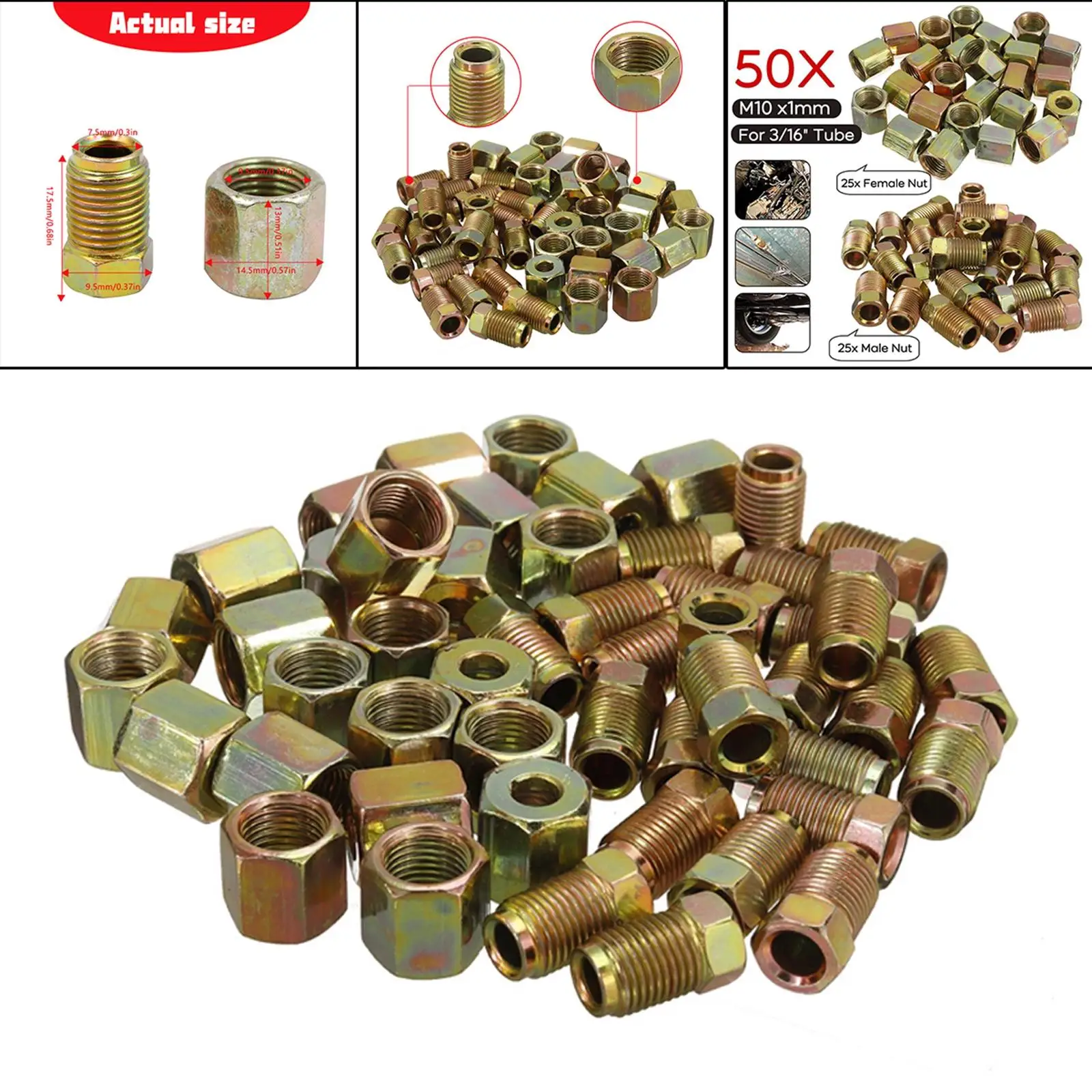 50Pcs Brake Pipe Fittings Adapter 10x1mm Male & Female Metric Nuts for 3/16 inch Brake Line Tube Replacement Spareparts Accs