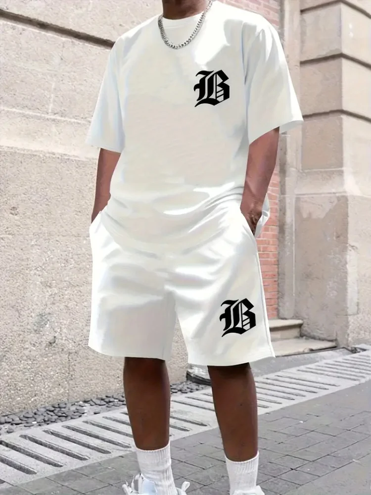 The 2025 Summer Casual Men's Set Features A Simple Geometric Pattern Print Street Fashion Outfit That Is Breathable