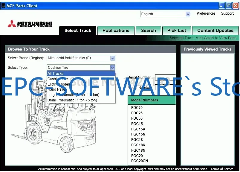 

EPC-OFTWARE Вилочные подъемники 2024 (MCFE) для каталога запасных частей Mitsubishi