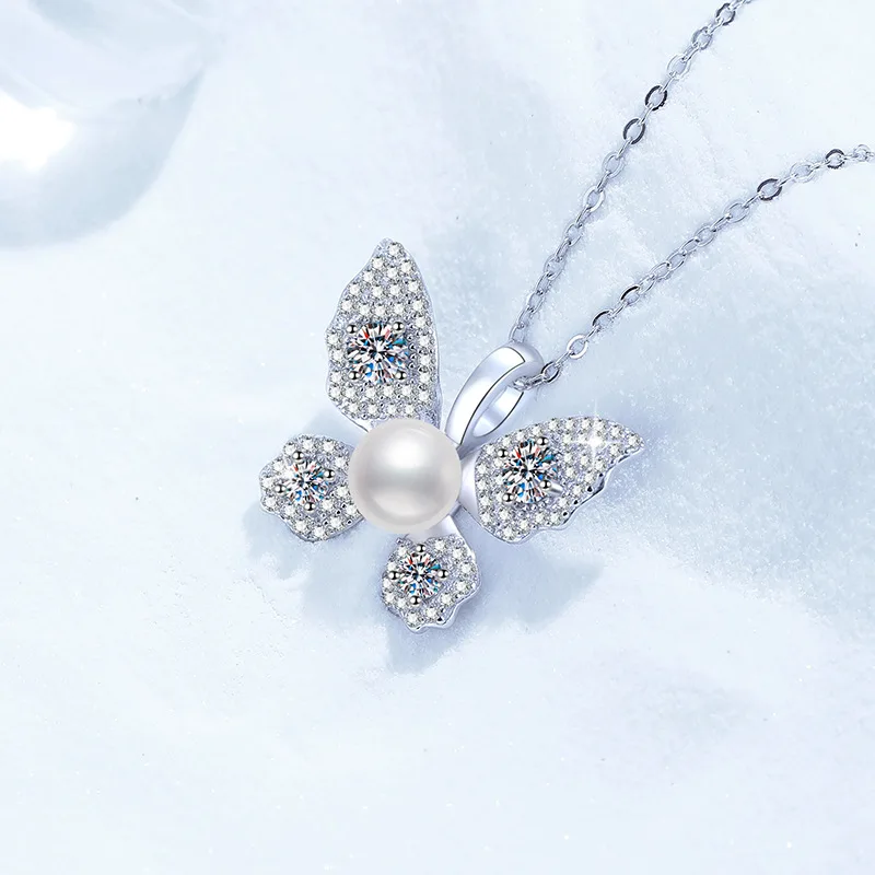 HAIMAITONG PT950 البلاتين عبر الحدود رائجة البيع ، قلادة مويسانيتي قلادة لؤلؤ المياه العذبة الطبيعية قسط قلادة على شكل فراشة