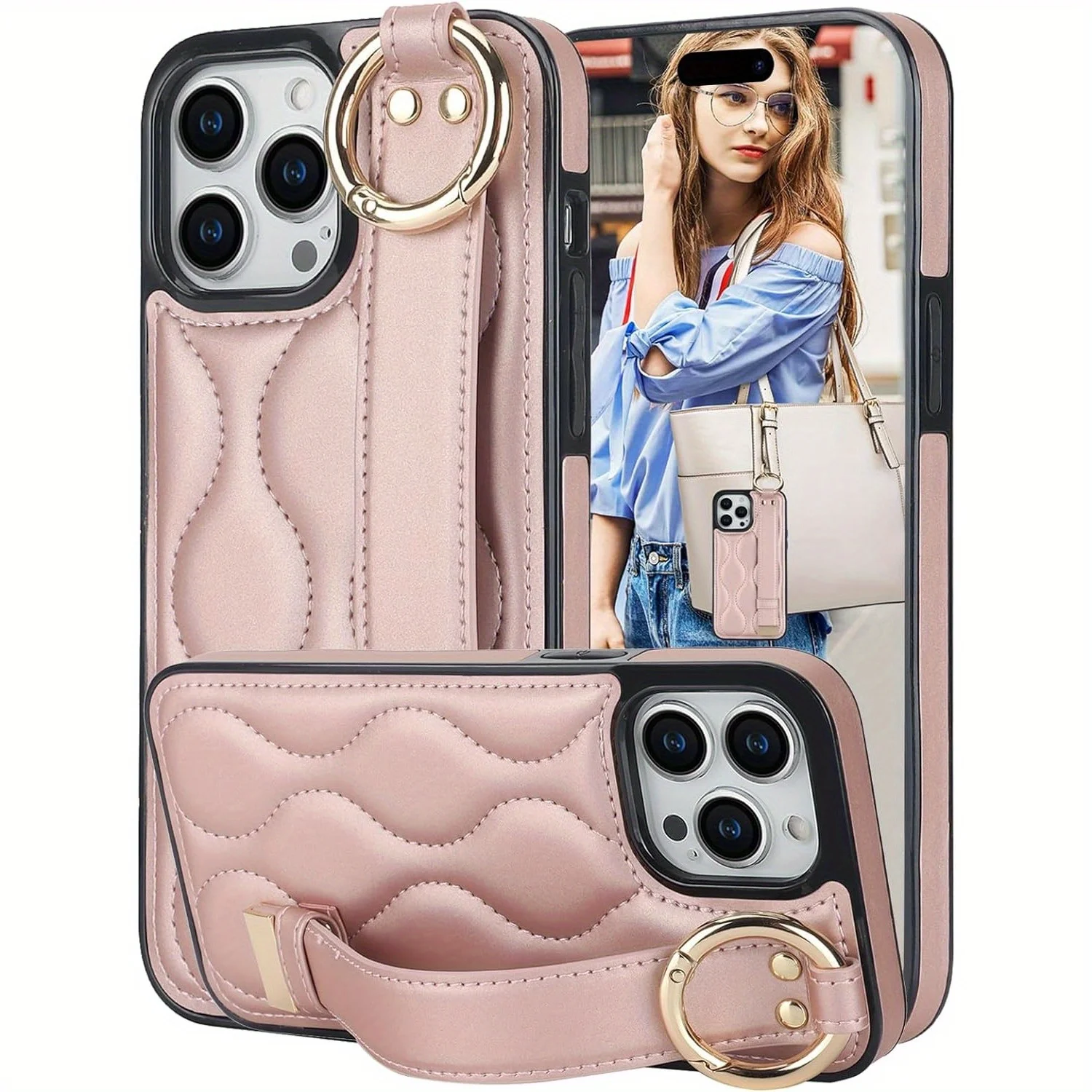 For  15/15Pro/15Plus/15ProMax Case with Wristband Strap, PU Leather Phone Case with Ring Stand Case for  15 Pro Max