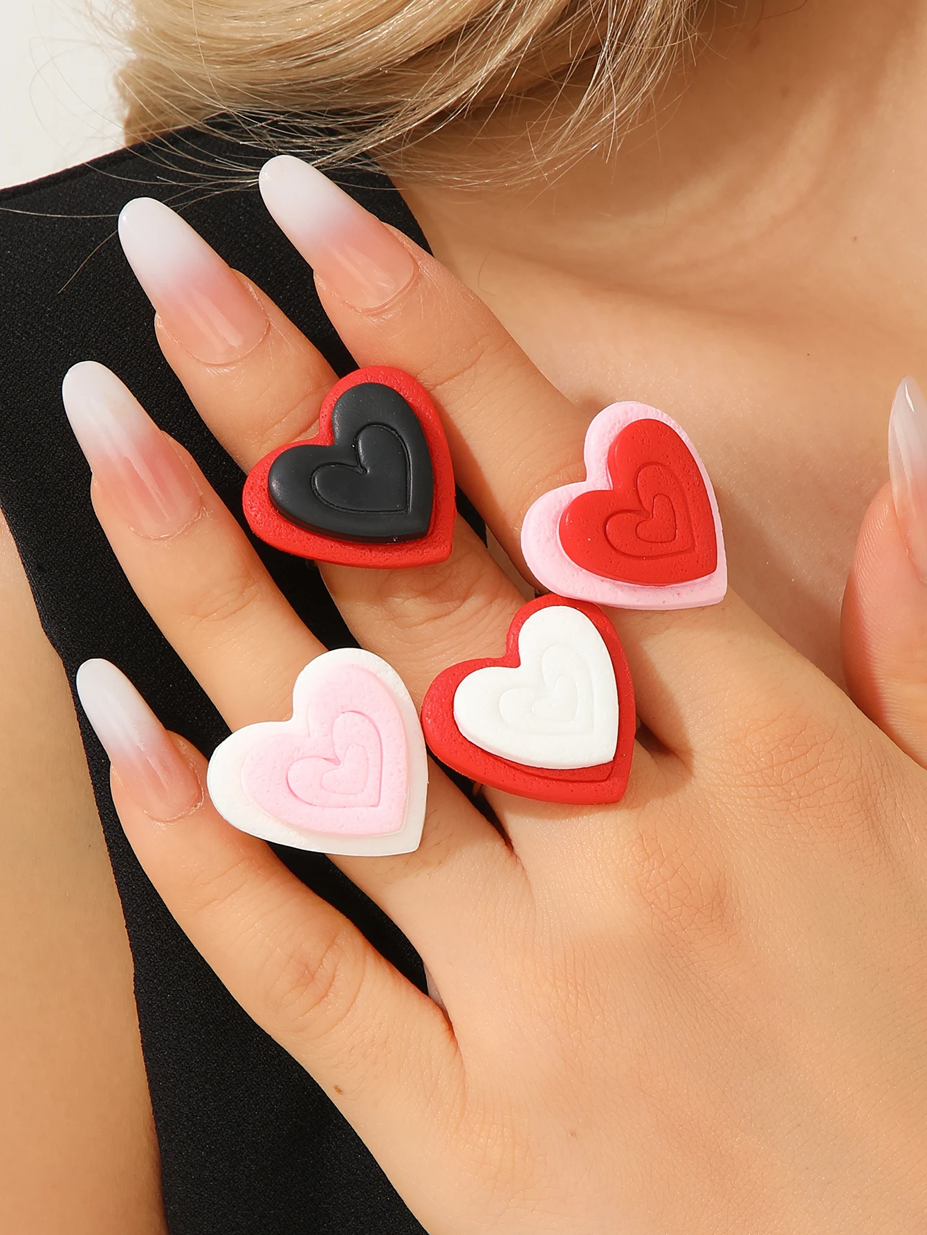 Valentine's Day Polymer Clay Double Hearts Adjustable Open Rings Color Block Sweet Style Jewelry Gift Lovers Trendy Accessories