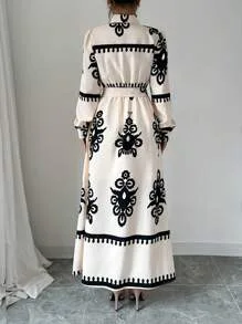 Women\'s Fashion Spring Autumn Print Long Dress Lace Up Long Sleeve A-line Slim Turn-Down Collar Casual Party Ladies Dress