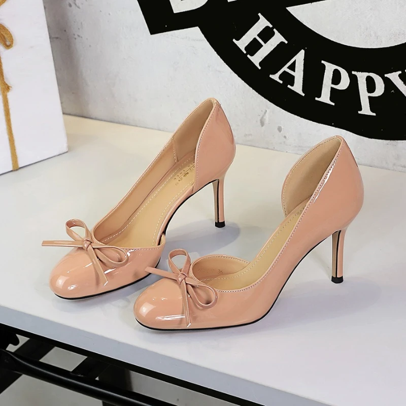 Womens Pumps And Heels Sweet Bow Round Toe Side Hollow Slip On Stiletto High Heels French Style Shoes For Woman