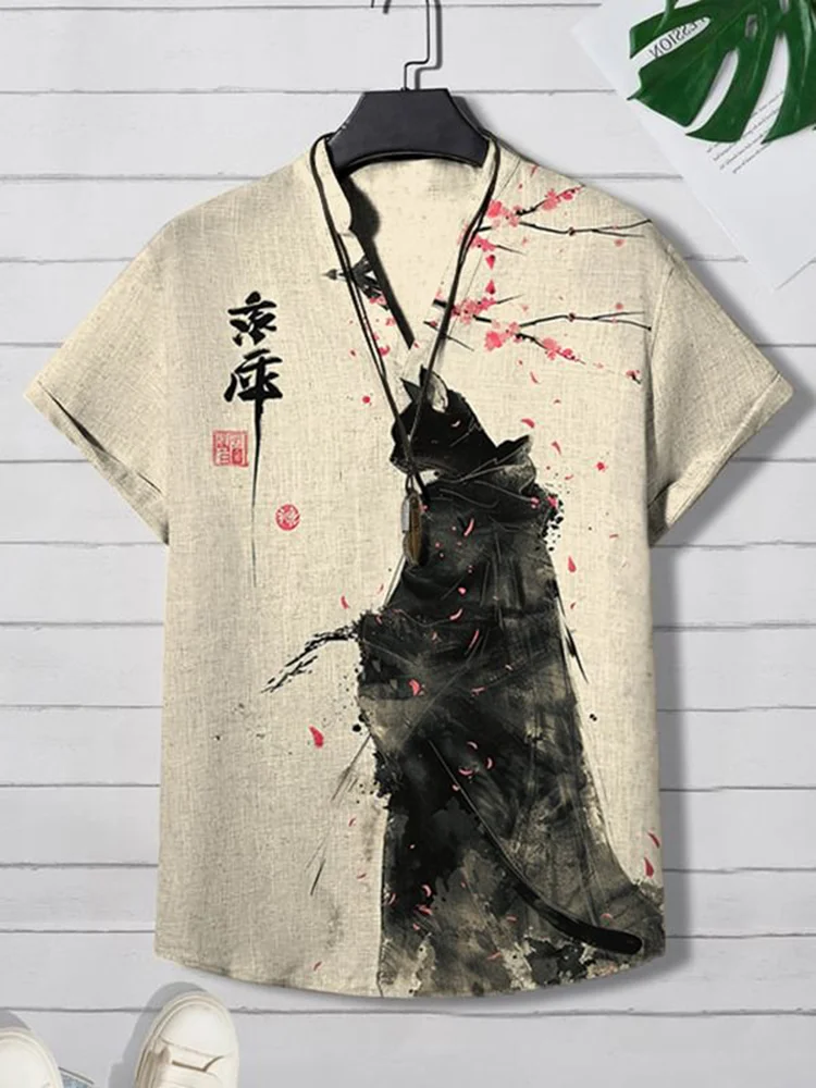 2024 Summer Cat Print Henry Shirt Dla Mężczyzn Popularna Męska Koszula z Krótkim Rękawem Moda Casual Oversize Hawajski Top Męski