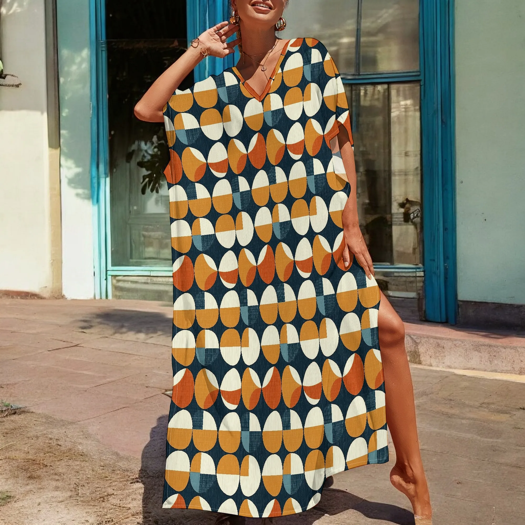 

Geometric Oval Print Kaftan Dress S-3XL Afro Style V-Neck Loose Gown for Summer Vacation or Art Festival