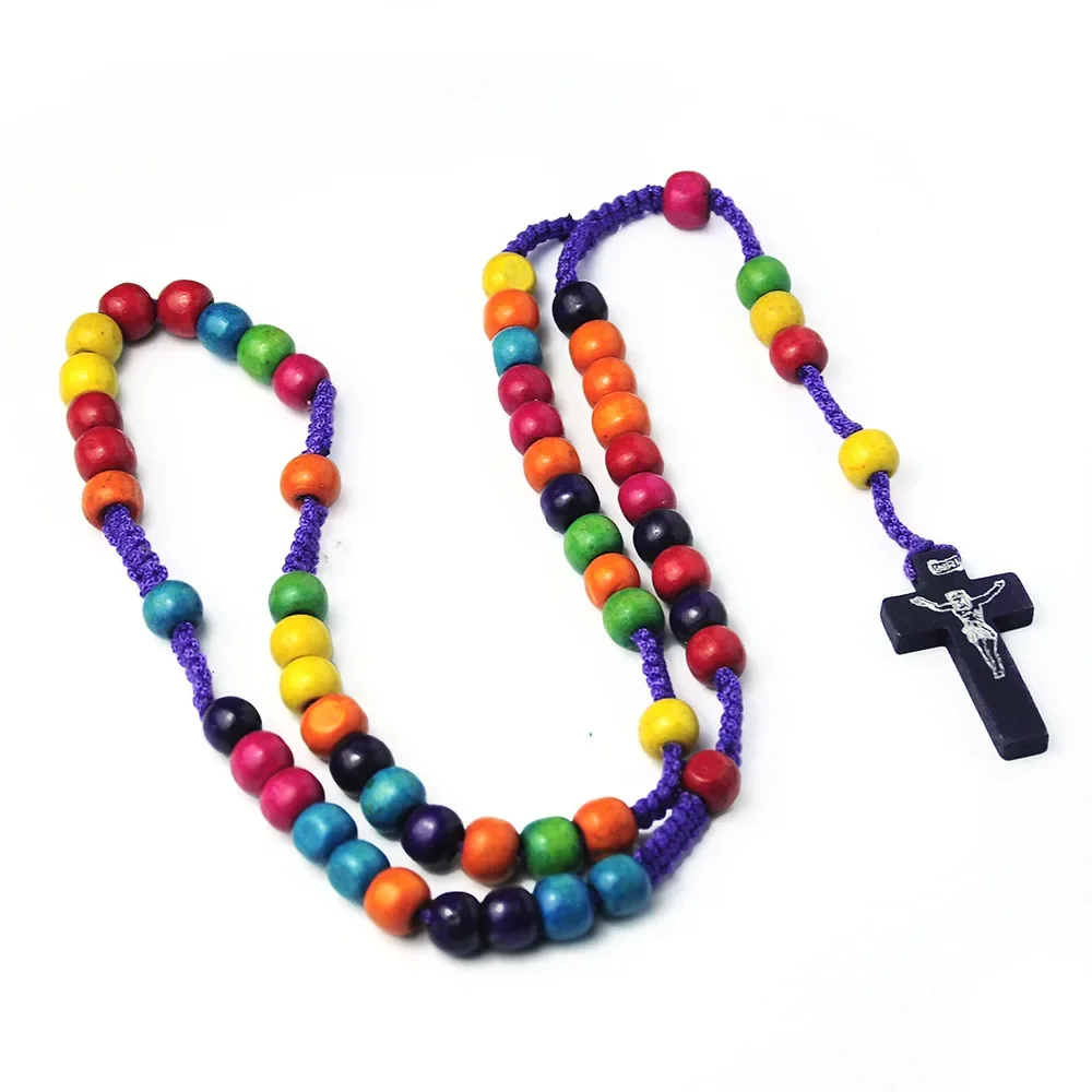 Catholic Colorful Rosary Necklace For Women Crucifix Cross Pendant Wood Beads Braided Rope Chain Men Religious Prayer Jewelry