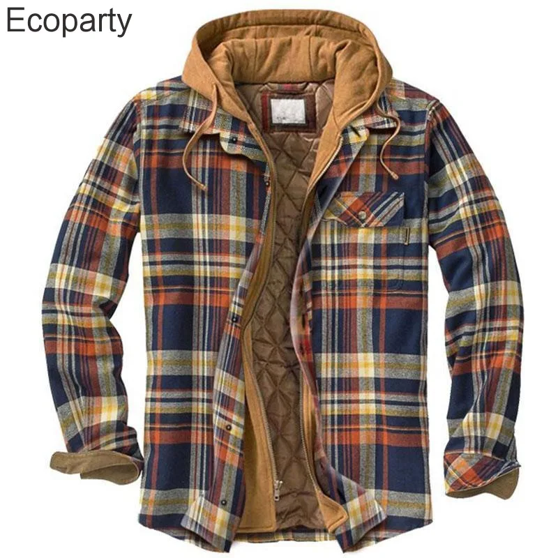 Men Winter Jackets Harajuku Plaid Shirts Coats Hooded Zipper Long Sleeve Basic Casual Shirts Jackets European Style Size S-5XL