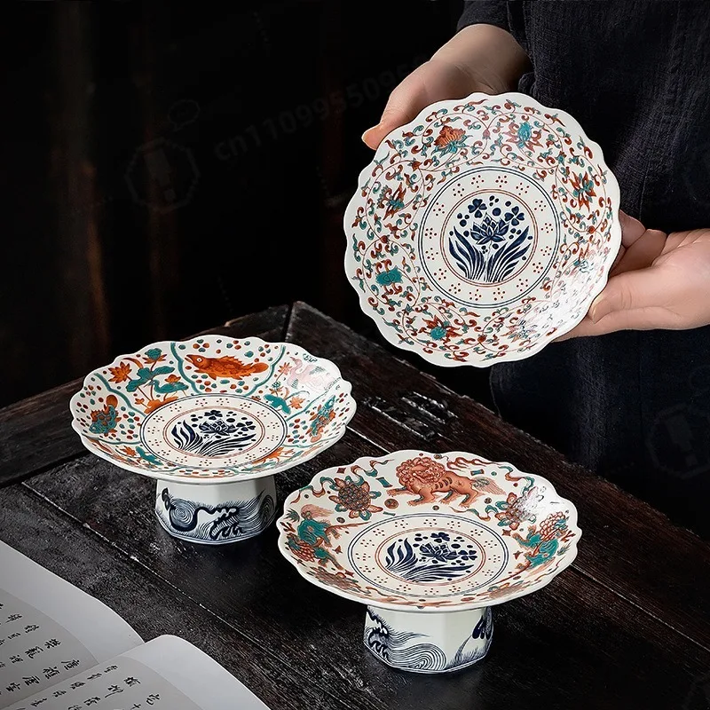 Retro Chinese Ceramic Fruit Plate Tall Foot Offering Tray Household Snack Dessert Dish Living Room Tea Pastry Decorative Plate