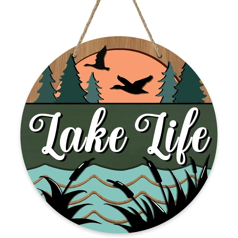 Letrero de puerta de madera Lake Life, diseño de pino y patos de casa de lago, decoración rústica de porche con corona de pared de temporada para cabina y hogar