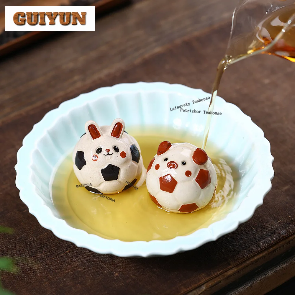 Yixing Purple Clay Football Rabbit Pig Tea Pet Antique Lucky Model Tea Figurine Play Toys Tea Statue Ornaments Craftsmanship