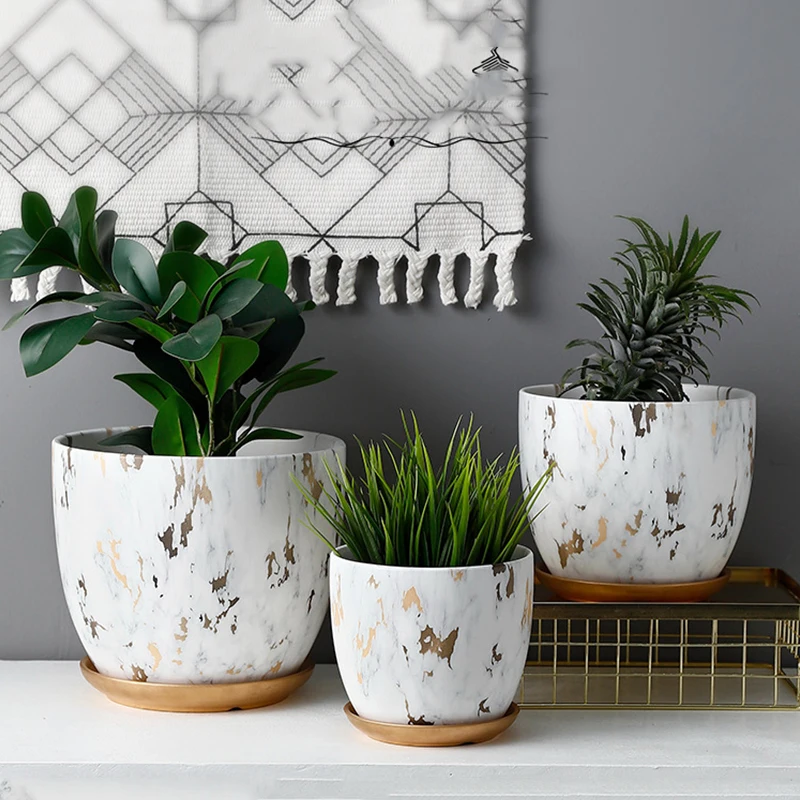 

Home Garden Nordic Ins Marble Pattern Ceramic Flowerpot Modern Living Room Porch Green Plant With Golden Tray