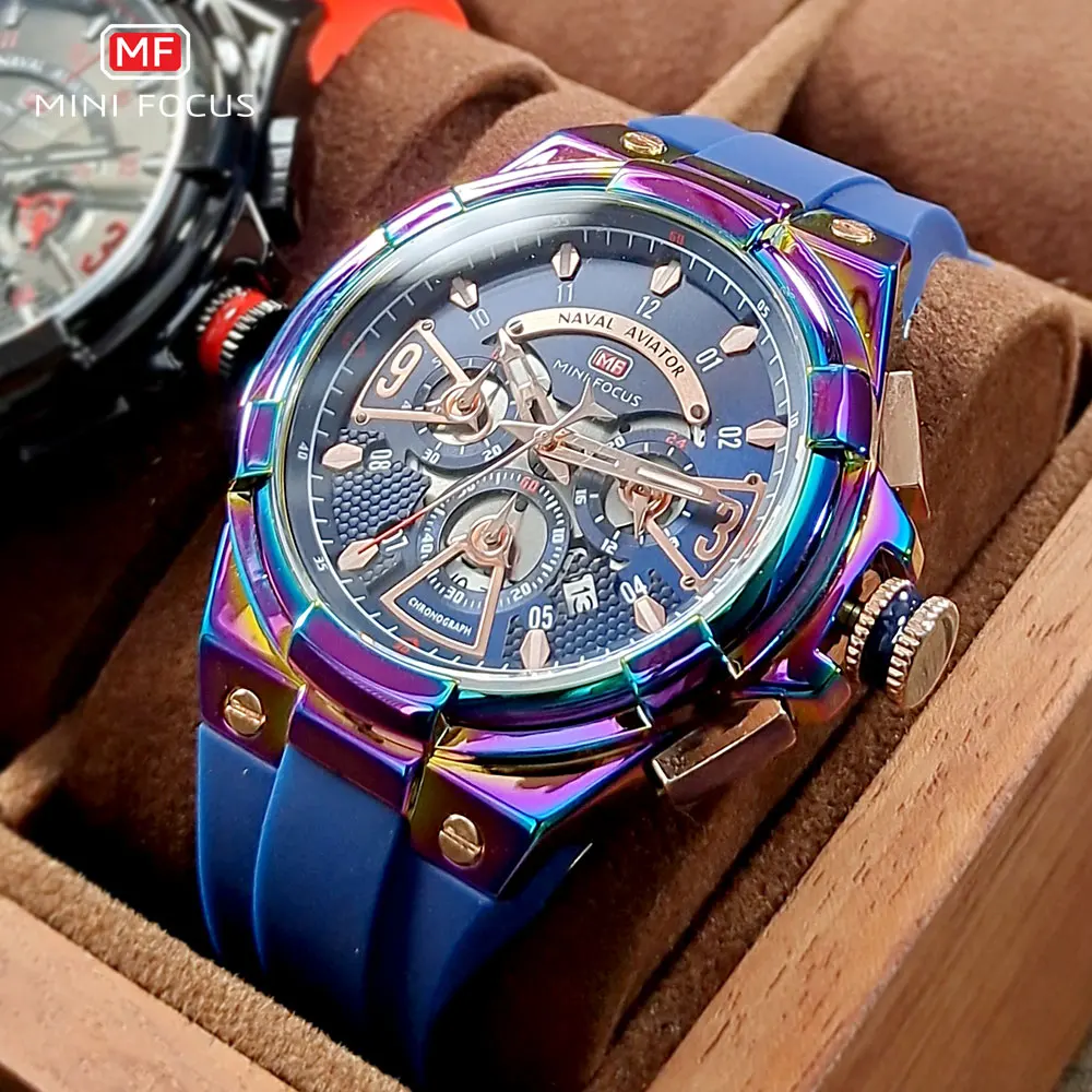 MINI FOCUS NEW Military Sport Quartz Watches Men Blue Silicone Strap Waterproof Chronograph Wristwatch with Date Luminous Hands