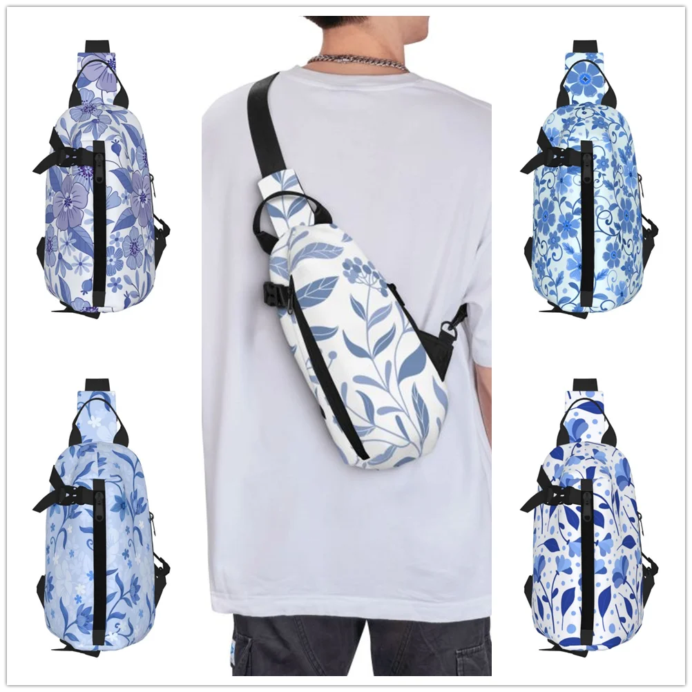 Blue Floral Pattern Chest Bag Trendy and Fashionable Women's Shoulder Bag Sports and Leisure Men's Oblique Straddle Bag