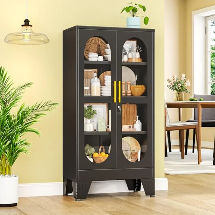 47 H Locking Display Cabinet for Living Room/Bedroom/Kitchen/Bar, Black Metal Curio Cabinet with Glass Door, 3 Adjustable Shelv