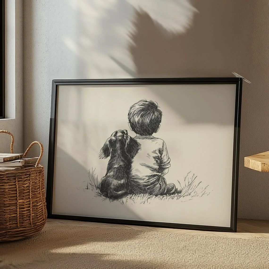 Timeless Bond Sketch Wall Art - Serene Print Celebrating Puppy Love. The Soft Beige Backdrop and Contemplative Figures Create a