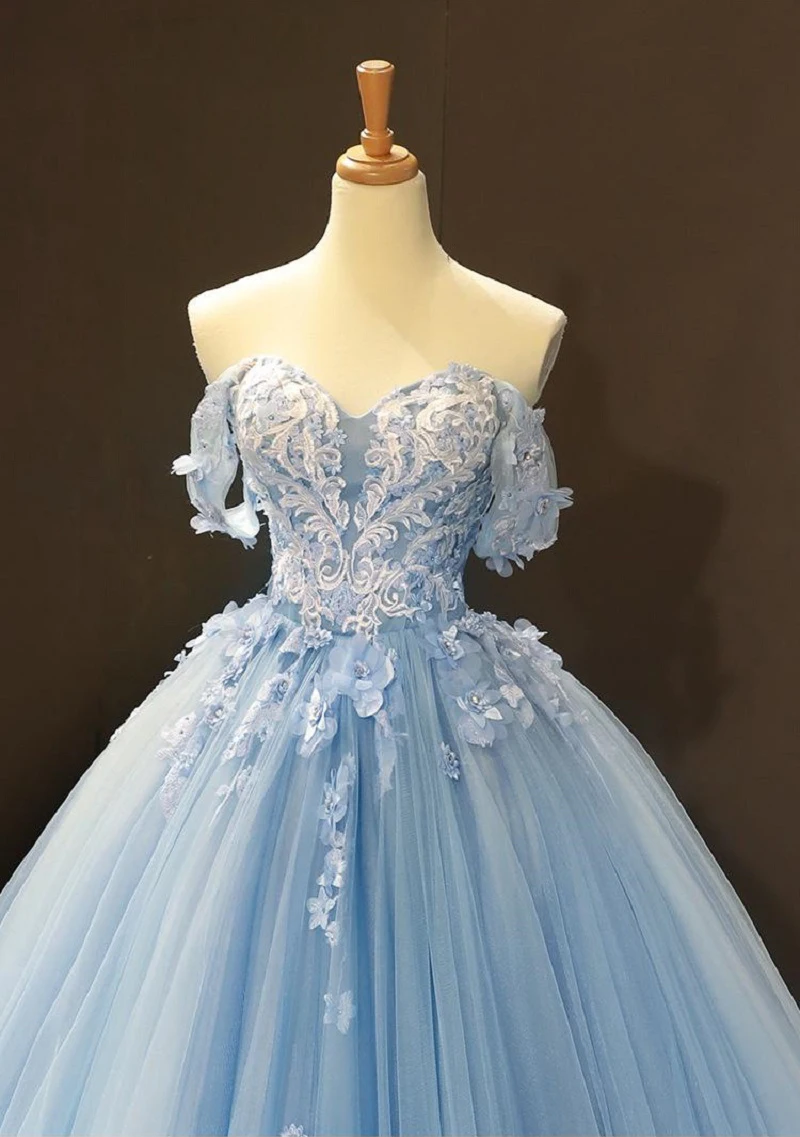 Vestido de baile de quinceañera, vestidos de tul de princesa azul cielo, vestidos de fiesta de graduación de cumpleaños con flores de encaje