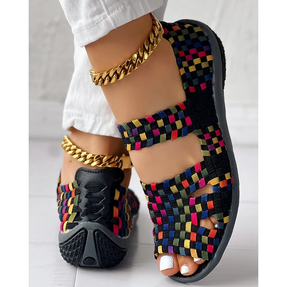 Fashion Women Colorblock Hollow Out Sandals Slip-on Summer Casual Peep Toe Flats Korean Style Going Out Knitted Soft Shoes