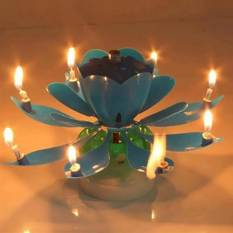 Lotus Candle Innovative Party Cake Candle Musical Lotus Flower Flat Bottom Rotating Spinning Cake Topper Candle Party Decoration