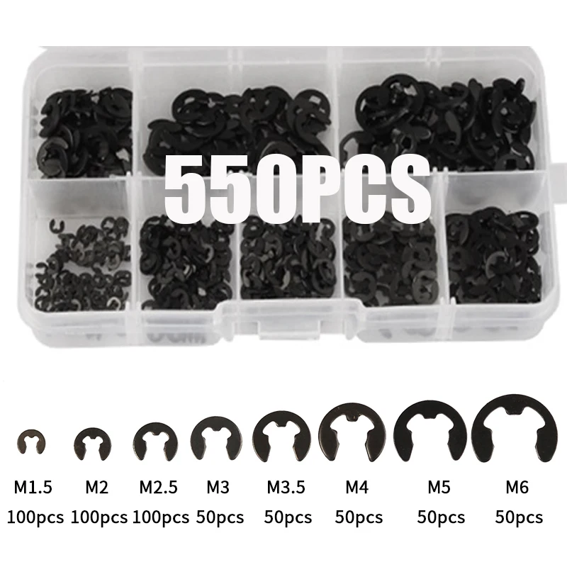 550Pcs E Clip Snap Circlip Washer Black Steel Shaft External Retaining Ring Washer For Shaft M1.5-M6