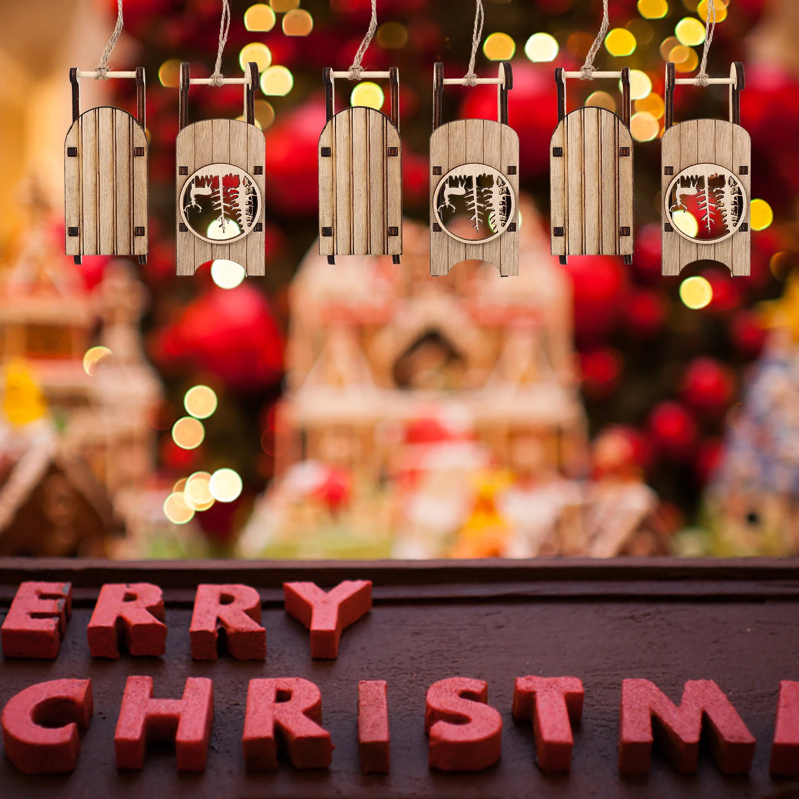 

12Pcs Wooden Sled Xmas Adornment Rustic Holiday Sleigh Delicate Sleigh Ornament Tabletop Wooden Sled Pendant Xmas Tree Pendant