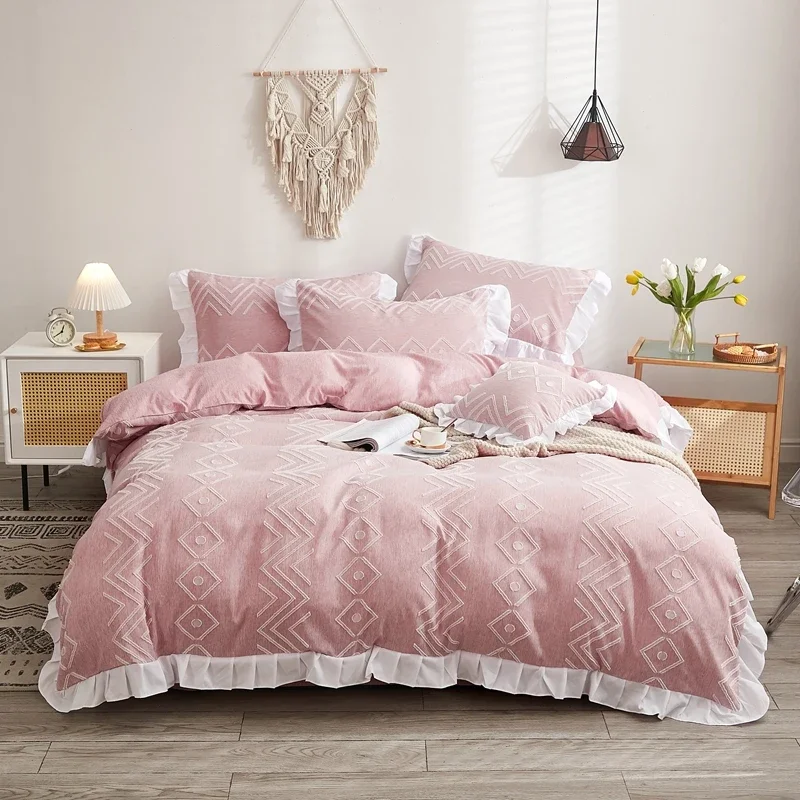Korean Princess Style Duvet Cover Set Romantic Flower Cutting Ruffle Edge Bedding Set Soft Skin-friendly Breathable Quilt Cover