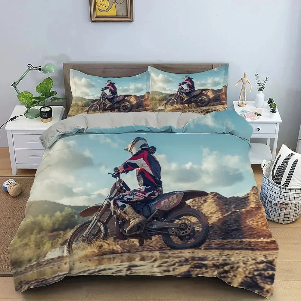 Motocross King Queen Bedding Set for Boys Adults Off-road Race Motorcycle Duvet Cover Dirt Bike Rider Polyester Comforter Cover