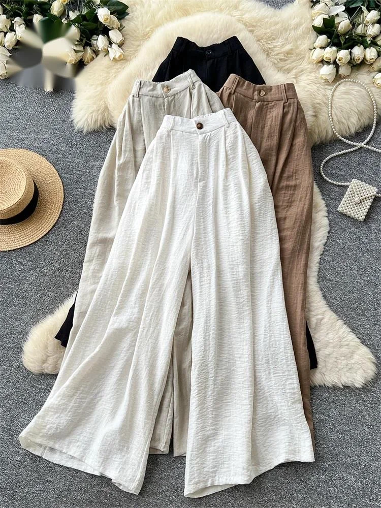 Linen Lazy Wide Leg Pant Office Lady Simple Style Versatile Solid Elastic High Waist Summer Chic Women Casual Britches