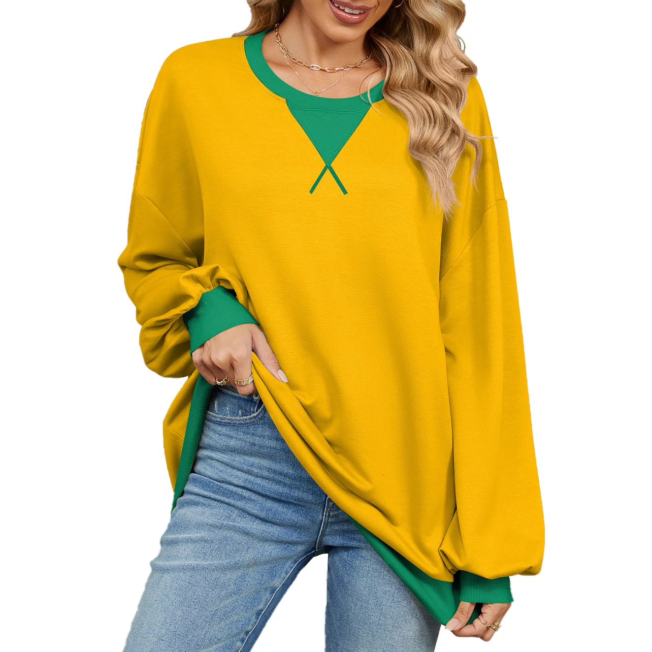 Women Sweatshirt Fashion 2025 Spring Autumn O-neck Color Matching Print Loose Casual Ladies Personality Streetwear Pullover Top