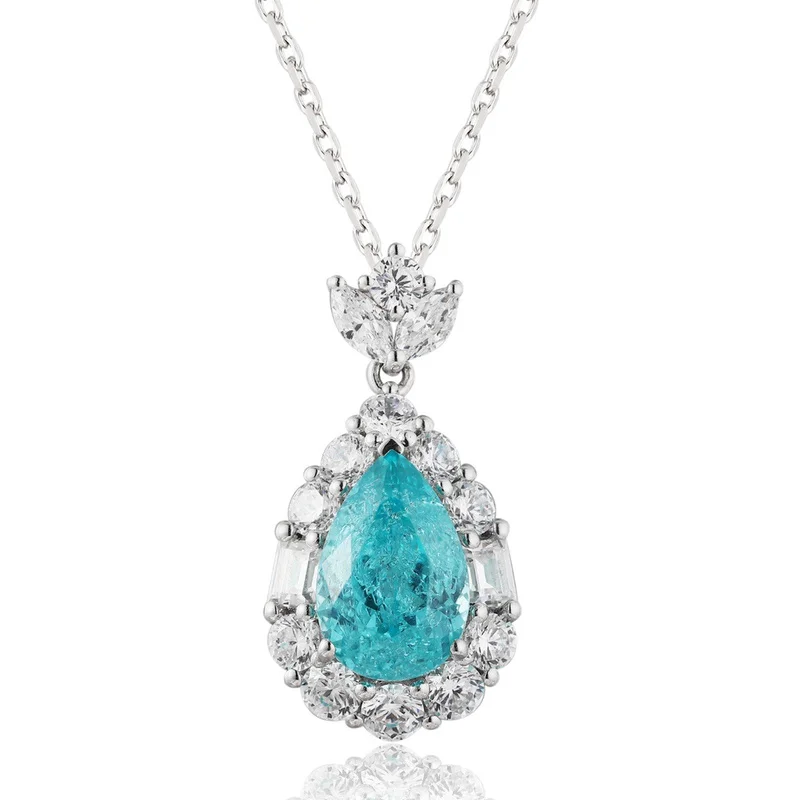 New Design Lab Grown Paraiba Synthetic YAG Neon Blue Ice Crushed Cut Pear With Inclusions Silver Necklace For Anniversary Gift