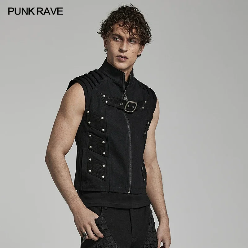 PUNK RAVE Men\'s Doomsday Punk Rivets Decoration Vest Daily Handsome Cool Personality Casual Tops Black Spring/summer