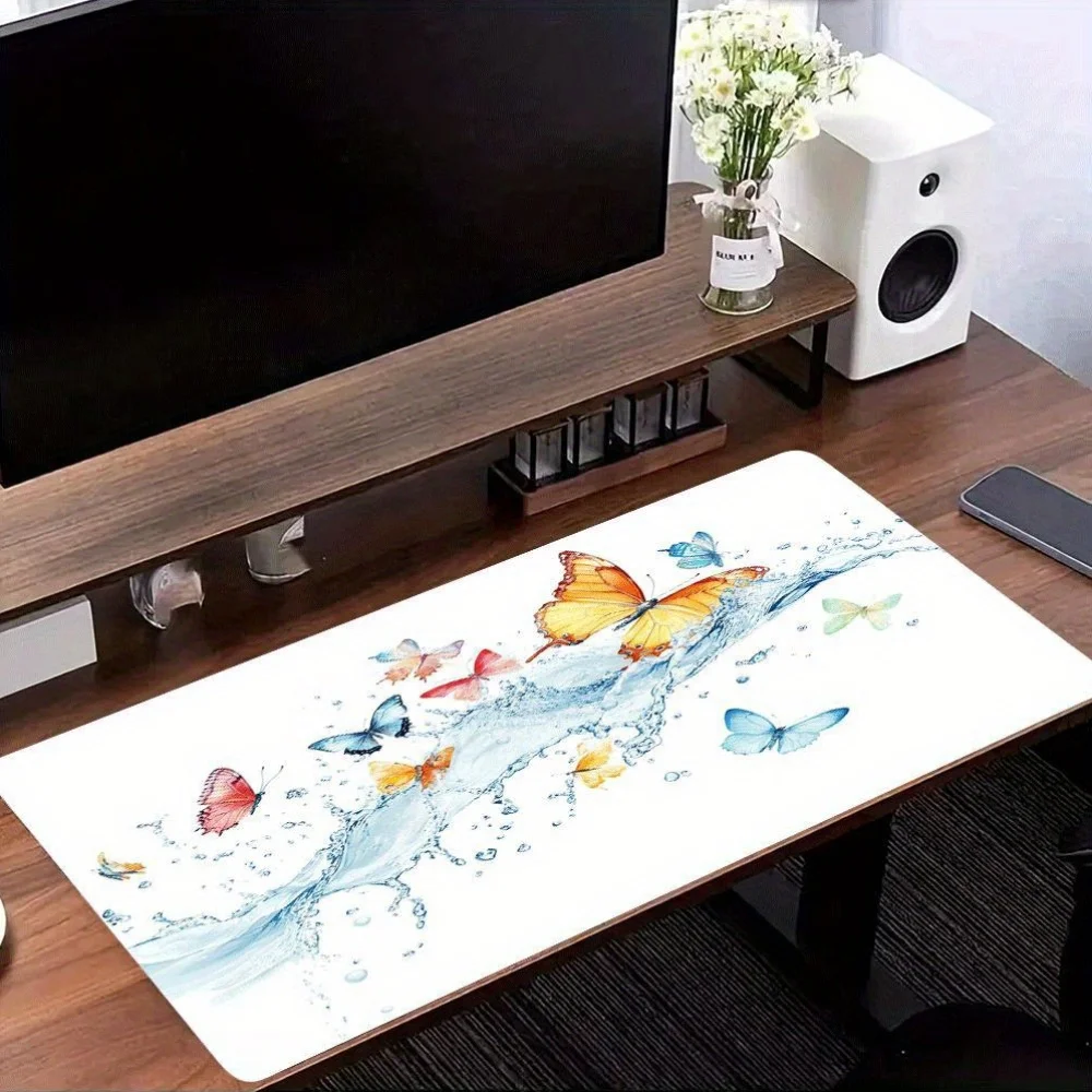 1pc Butterfly and Splash Water Design Desk Mat, Multi-Functional Computer Mouse Pad, with Non-Slip Rubber Base, for Home and Off