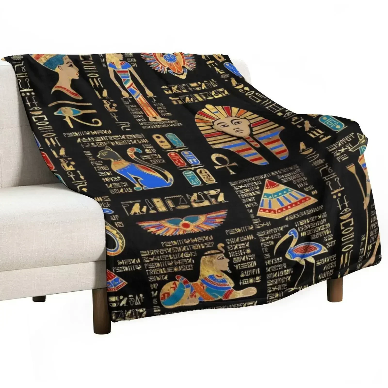 Egyptian hieroglyphs and deities on black Throw Blanket manga Furry Furrys Flannel Fabric Large Sofas Blankets