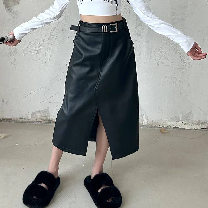 vintage black long skirt retro PU leather autumn winter Korean high waist pockets front split kids clothes teenage 6 to 16 years