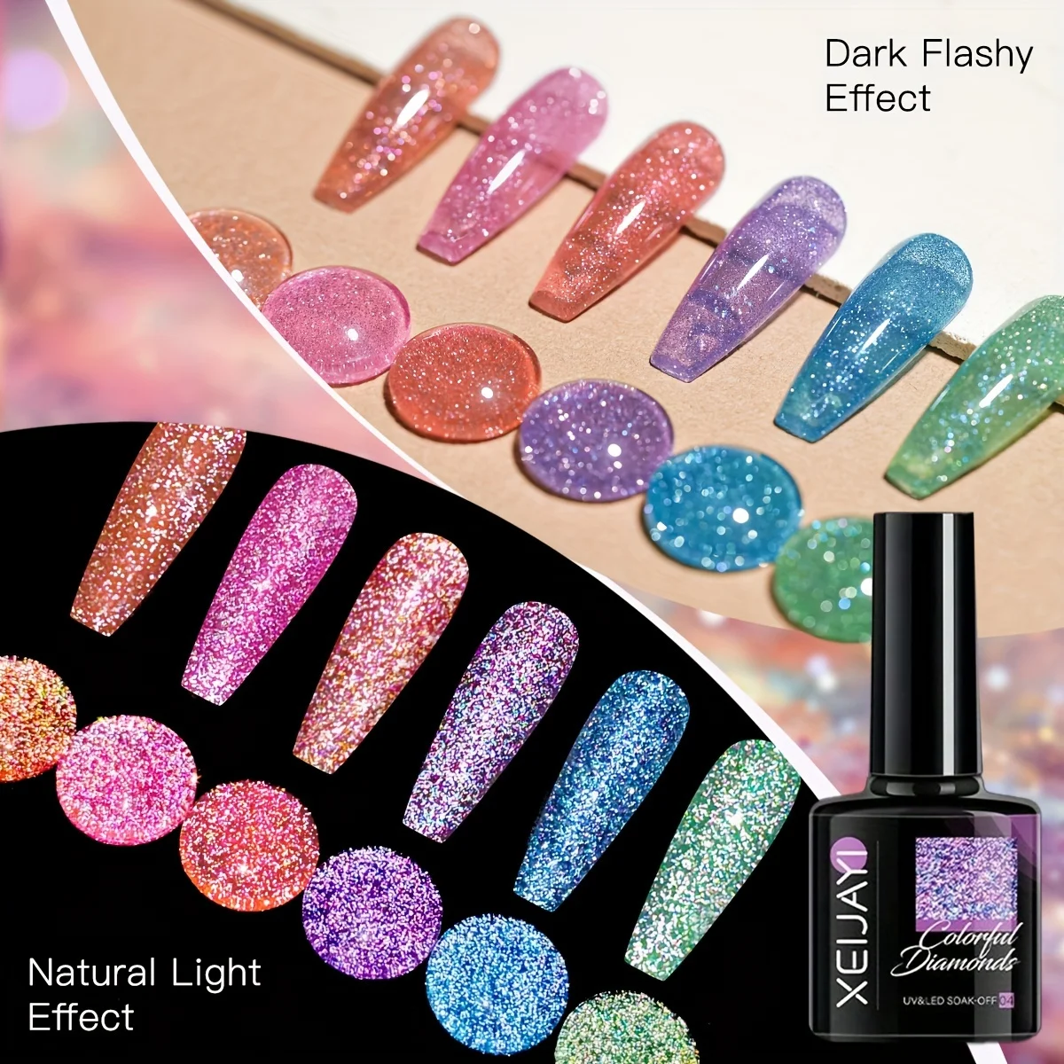 

XEIJAYI-6pcs Reflective Glitter Gel Nail Polish, Holographic Laser Sparkly Diamond Soak Off UV LED Gel Polish