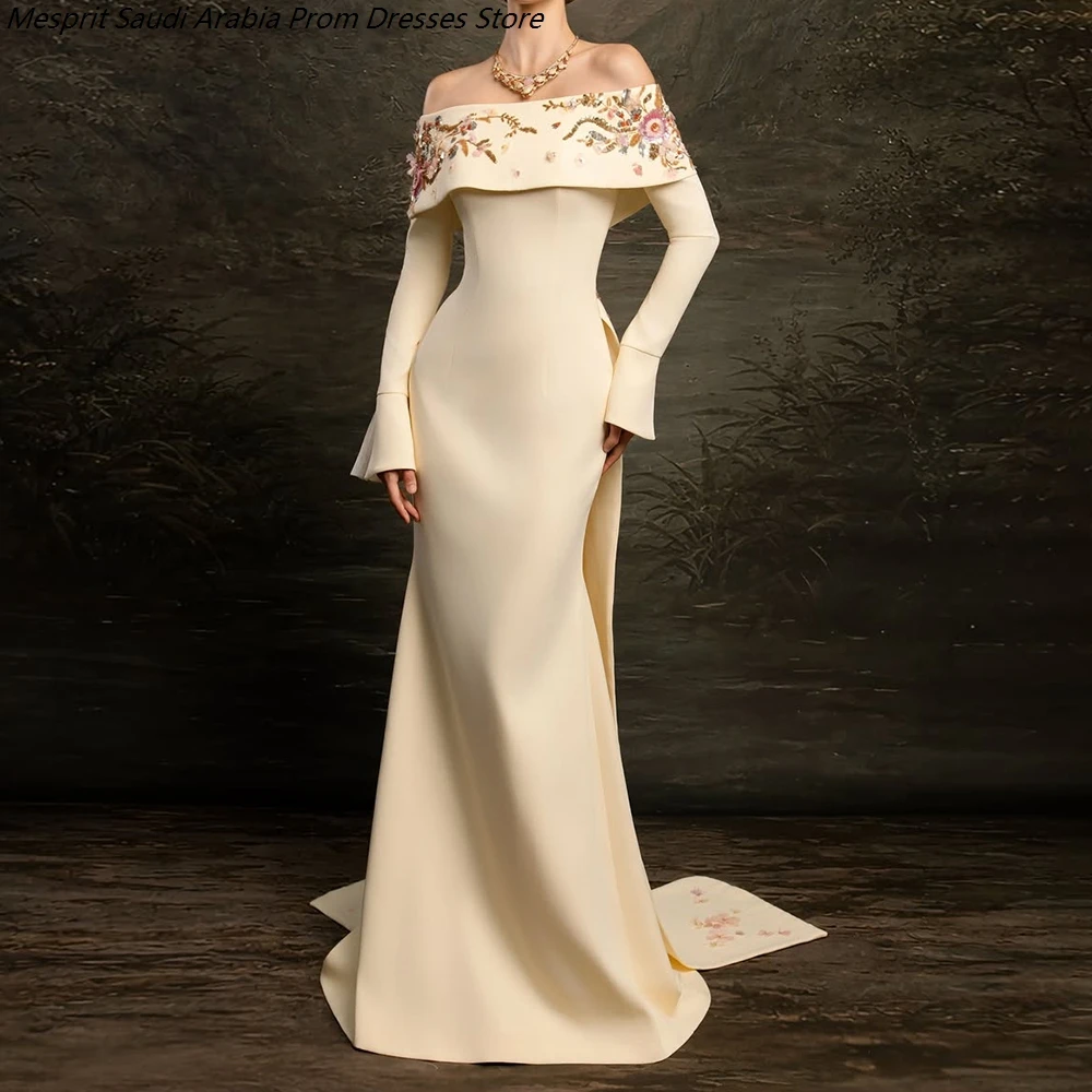 

Women's A-line Evening Dresses Floor-length Off The Shoulder Full Sleeve Prom Dresses Fashion Flowers Draped Customized Gowns