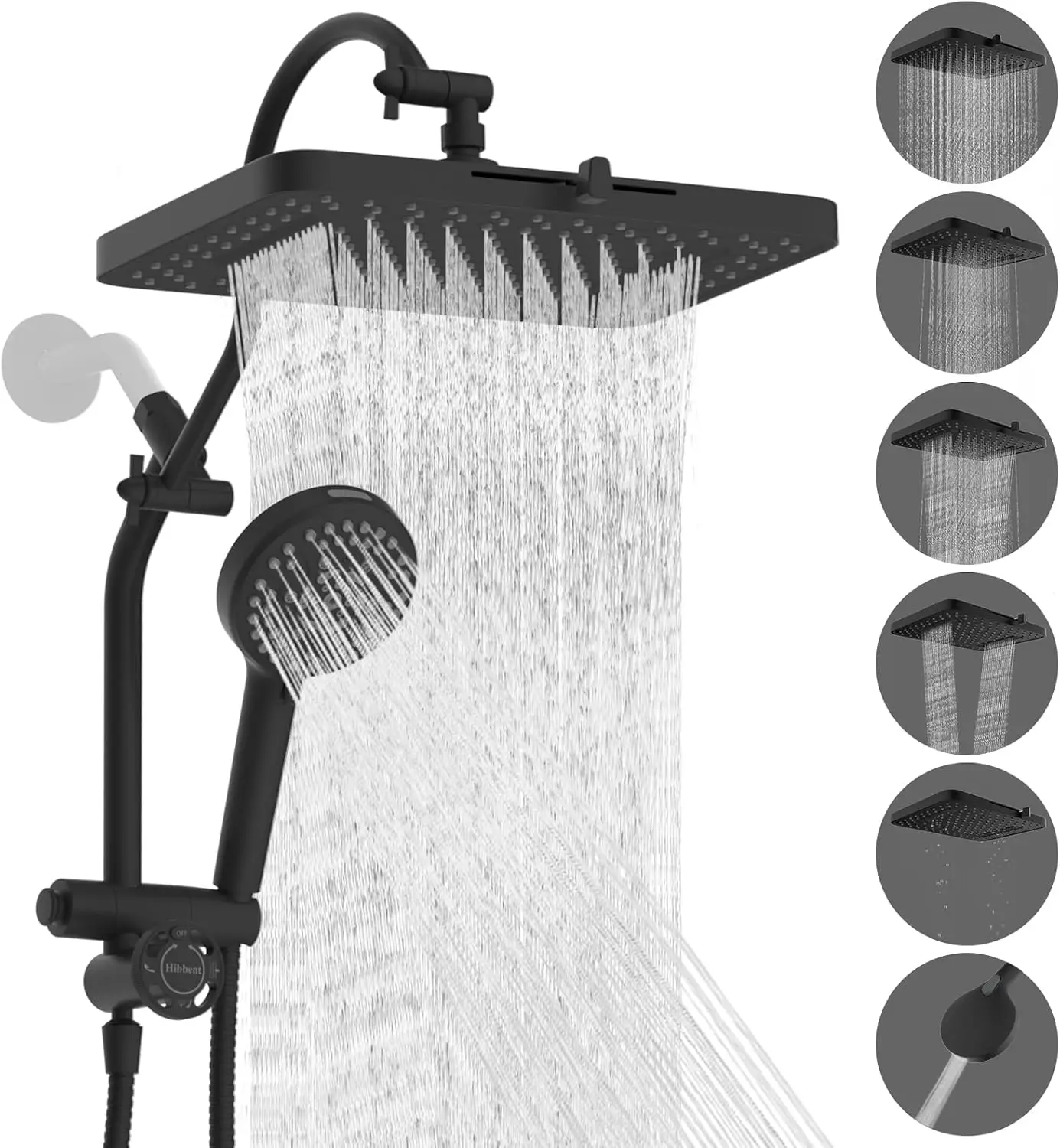 

High Pressure 5 Spray Rainfall Showerhead Combo with Handheld, Diverter Arm, Hose and Holder in Black