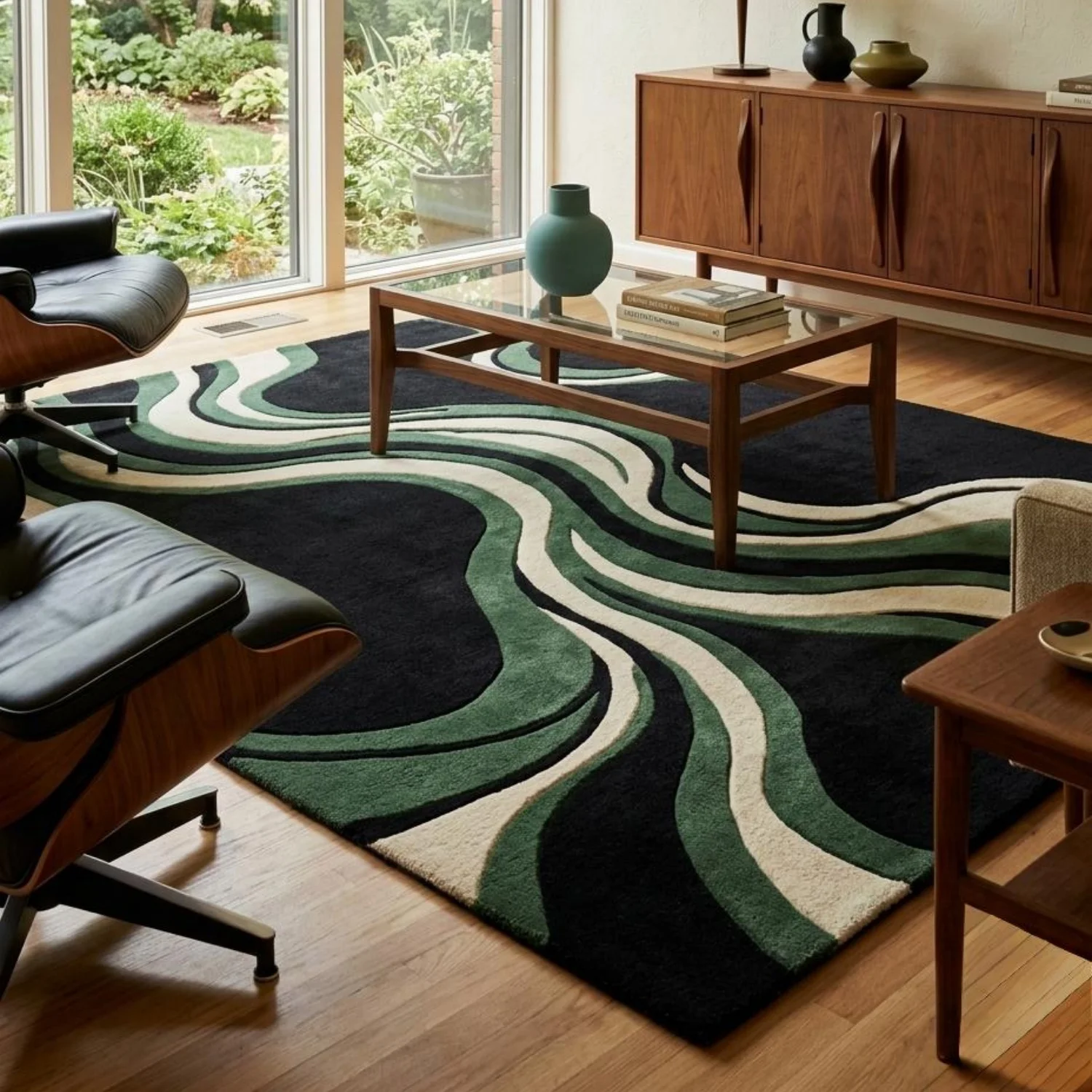Room Decor Rug Black Sage Green Cream Wavy Swirl Textured Area Rug, Plush Floor carpet, rugs for livingroom, rug for bedroom, Rectangle Floor Mat, Ideal for Mid-Century Modern Lounge, Fluid Curved Lin