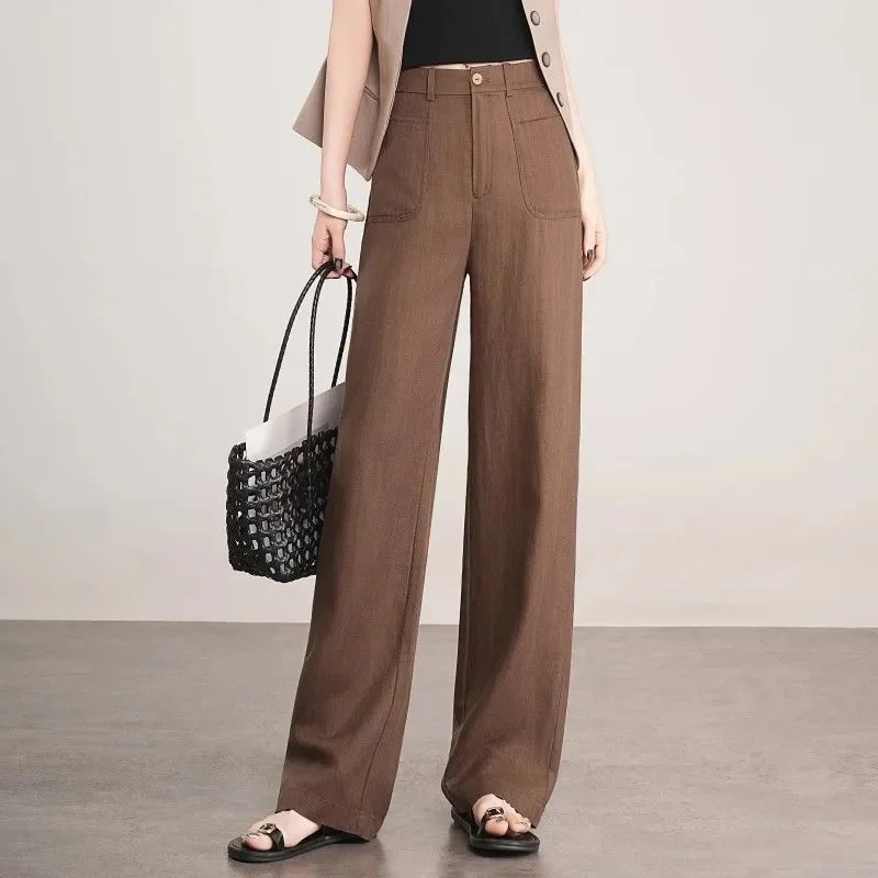 2025 여름 여성 하이웨이스트 슬림핏 팬츠, 신상 코튼 린넨 스트레이트 팬츠, 여성용 큰 사이즈 4XL 플랙스 바지