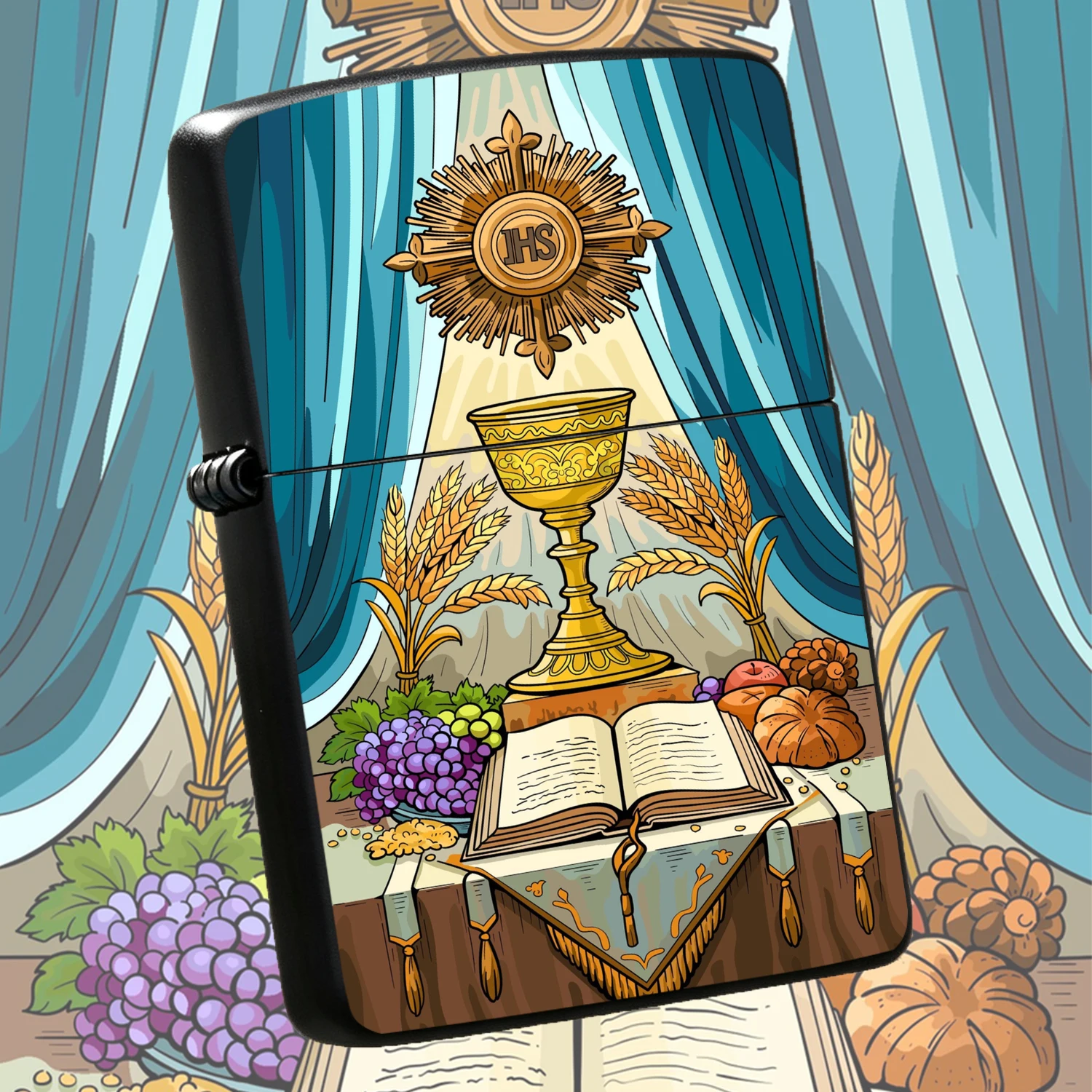 Christian Communion Themed Lighter, Exquisite Printed Chalice Monstrance Wheat Grape Bread Open Bible Pattern, Durable PORTABLE Accessory for Religious Believers, Ideal Gift for First Holy Communion Church Festivals Religious Ceremonies D