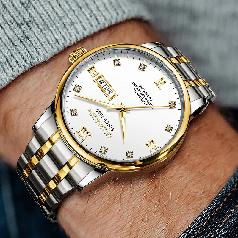 Мужские часы GUANQIN, механические часы с двойным календарем из нержавеющей стали, светящиеся водонепроницаемые мужские наручные часы для бизнеса и отдыха