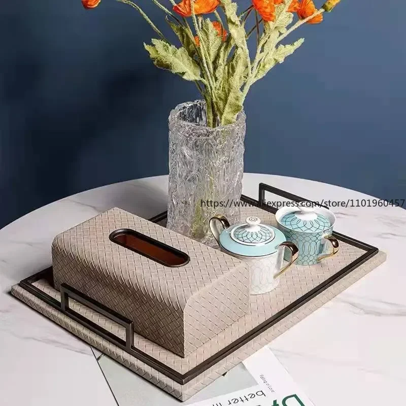 Modern Leather Storage Tray Creative Hand Woven Bedroom Jewelry Organizer Western Restaurant Tableware Container Home Decoration