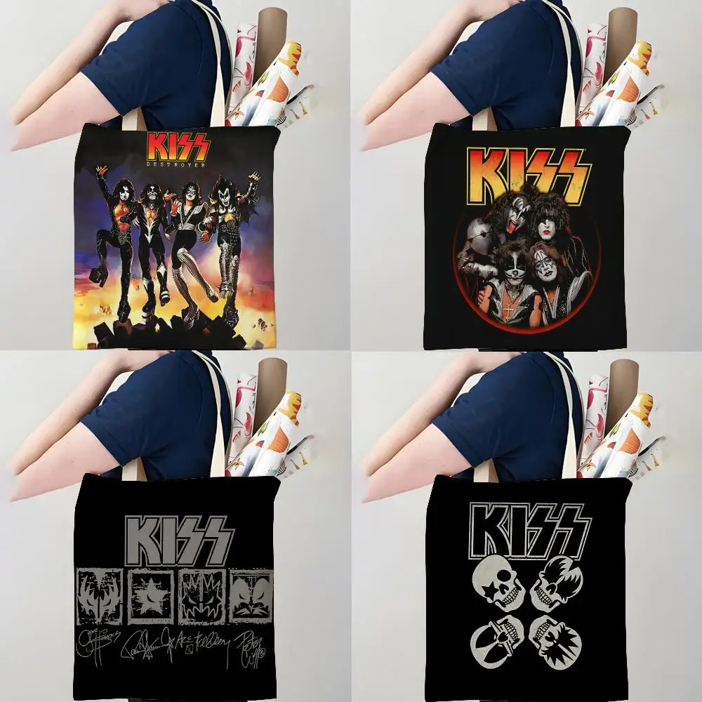 Band K-Kiss Storage Bags Canvas Double-Sided Print Tote Bag Large Capacity Shoulder Fashion Shopping Handbag