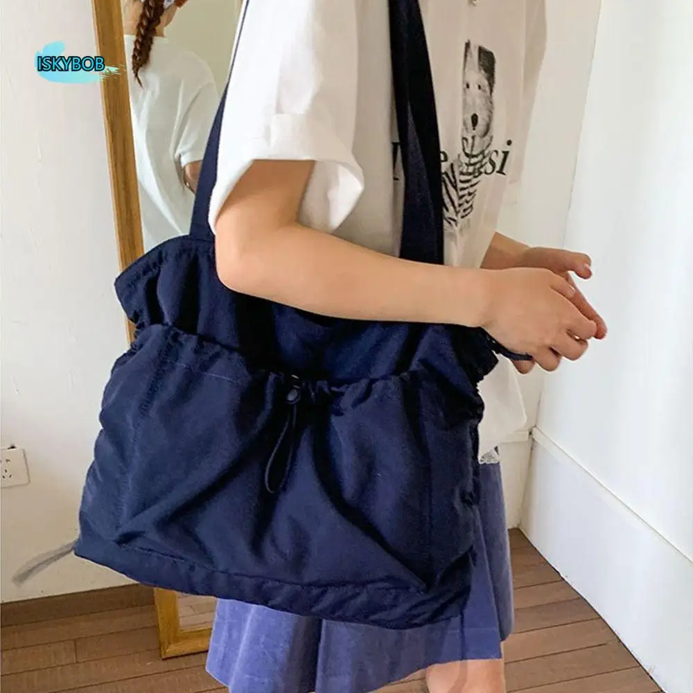 

Модная корейская сумка-тоут на шнурке, большая вместительная повседневная мятая сумка на плечо, однотонная дорожная рабочая сумка для покупок