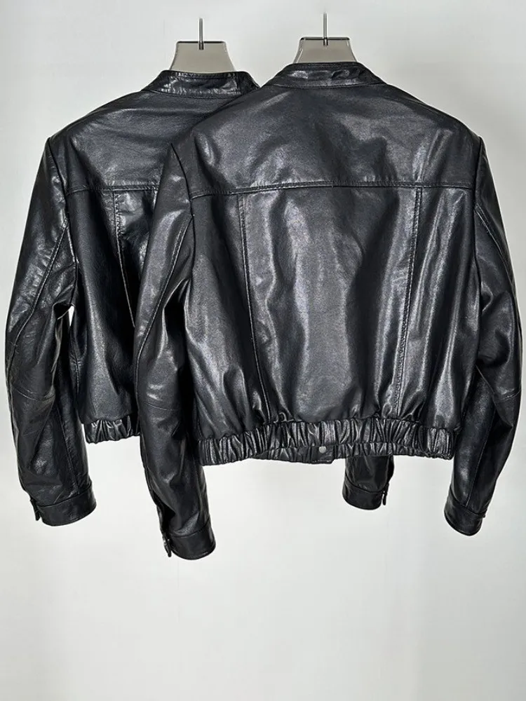Leisure Long Sleeves Stand Collar Genuine Leather Jacket Ladies Solid Color Single-Breasted Coat Loose Pockets Cowhide Outwear