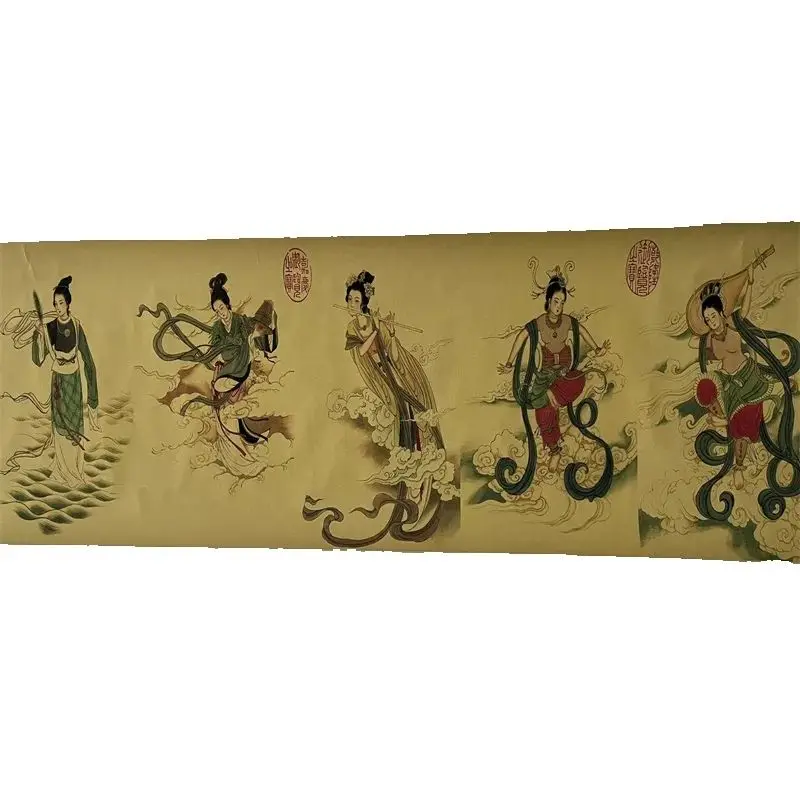 

China Old long Scroll Painting ,Tang Yin's watercolor painting of the Seven Fairy Immortals statue collectibles